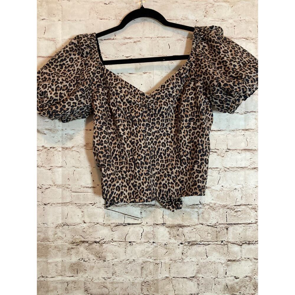 Marissa Webb Crop Top Womens Large Cheetah Leopard Tie Back Boho Puff Sleeves